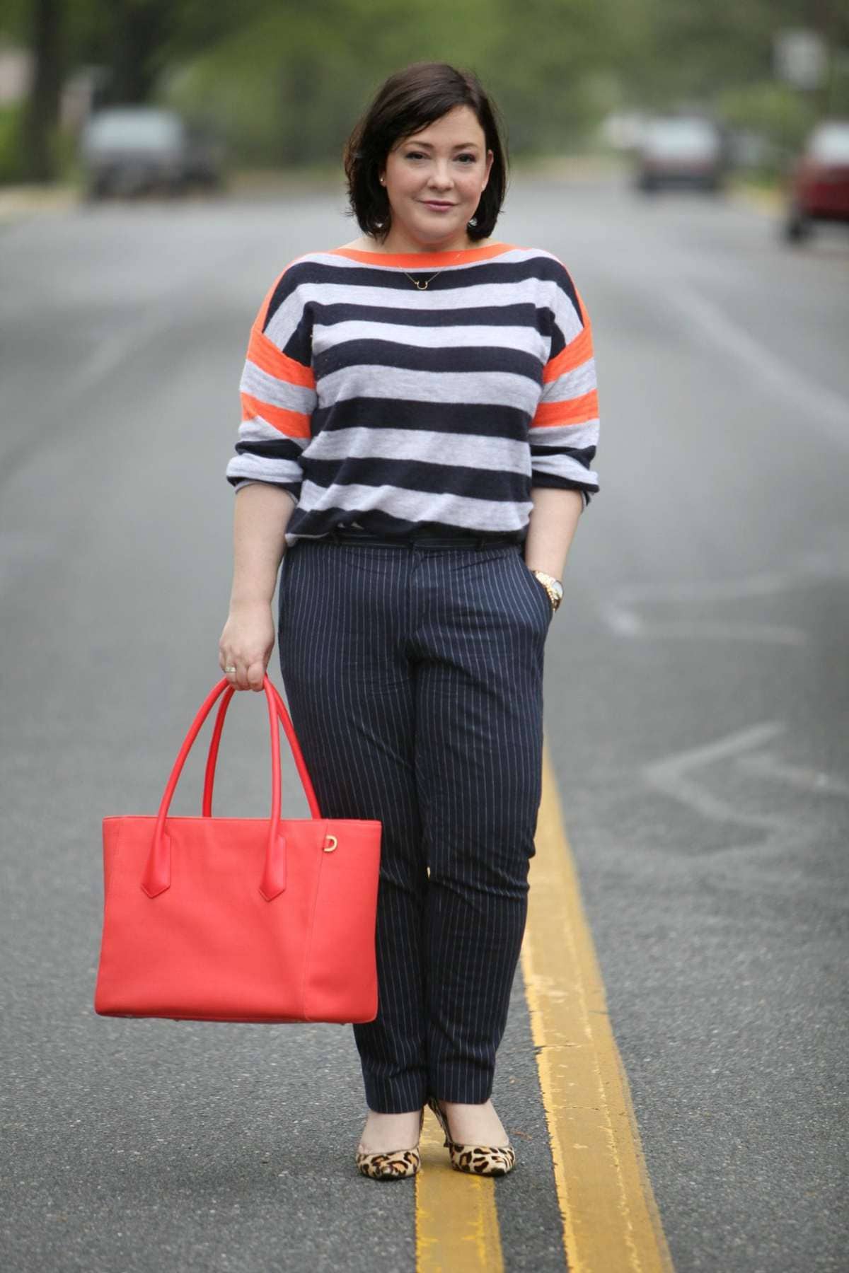 Wardrobe Oxygen, over 40 curvy fashion blogger featuring a J. Crew cashmere sweater, Banana Republic pants, and a Dagne Dover 15" tote
