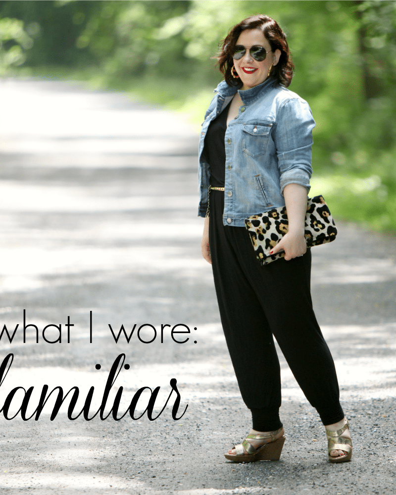 wardrobe oxygen in a loveappella jumpsuit and j crew factory denim jacket What I Wore: Familiar