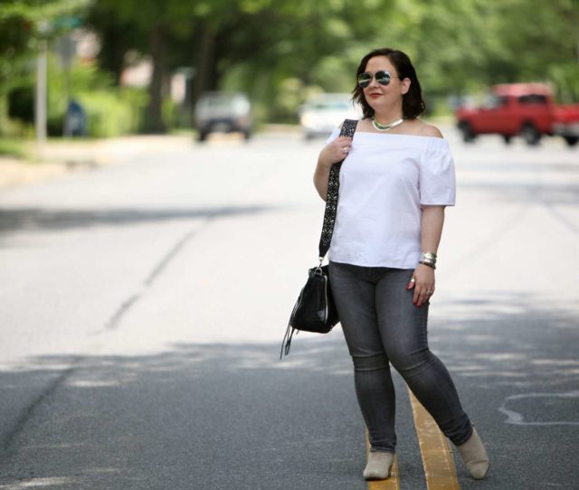 wardrobe oxygen in off the shoulder asos top and gap jeans