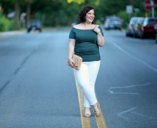 wardrobe oxygen wearing a boden off the shoulder top and gap jeans