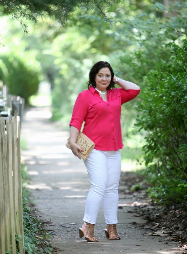 Wardrobe Oxygen in a Caslon roll sleeve cotton shirt and Gap Girlfriend jeans