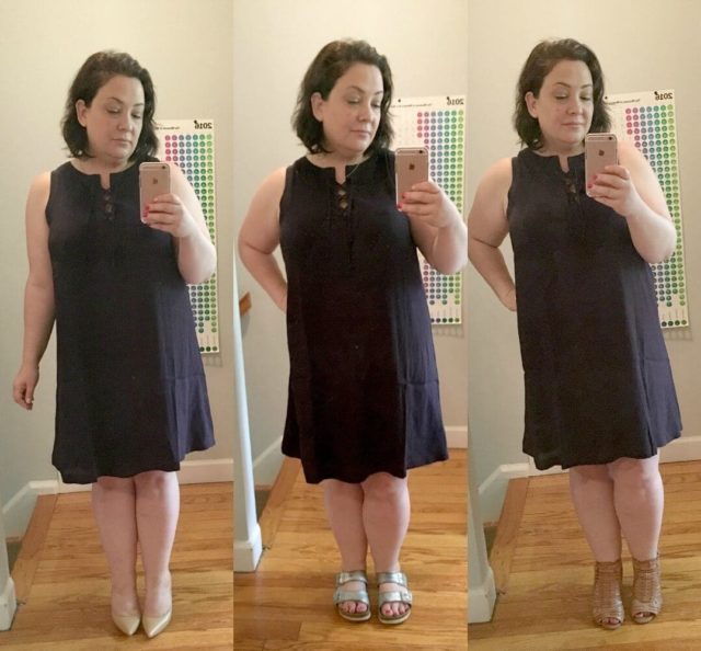 navy lace up dress three different shoes - wardrobe oxygen