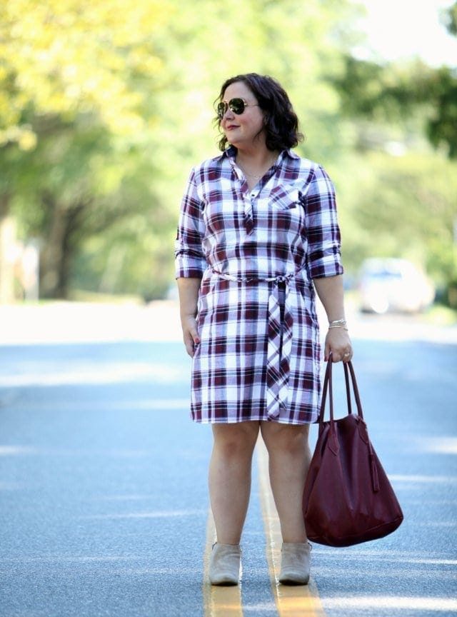Wardrobe Oxygen in Foxcroft Shirtdress with Adora Bag and Clarks Booties