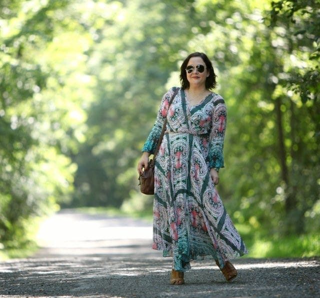 Wardrobe Oxygen in a Charlie Jade boho dress with a vintage Coach bucket bag