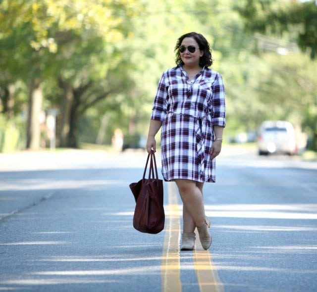 Wardrobe Oxygen in a Foxcroft Plaid Shirtdress with Clarks booties