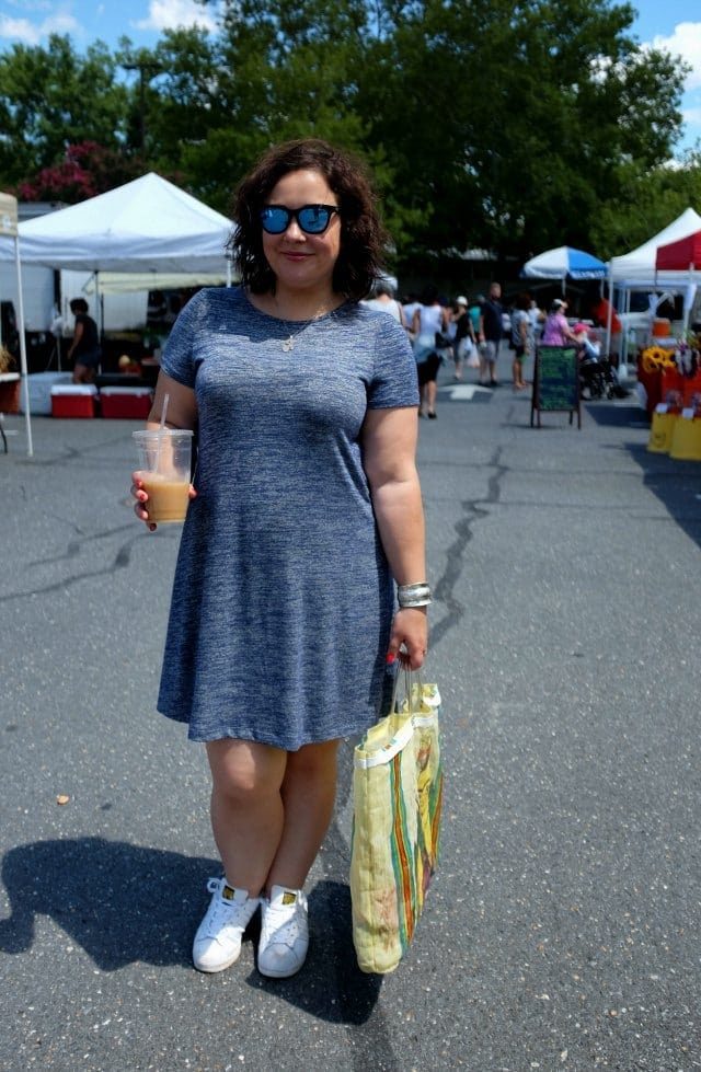 Wardrobe Oxygen in a Gap Softspun Knit dress, Adidas sneakers, Maui Jim Sweet Leilani sunglasses and a Frida Kahlo market bag