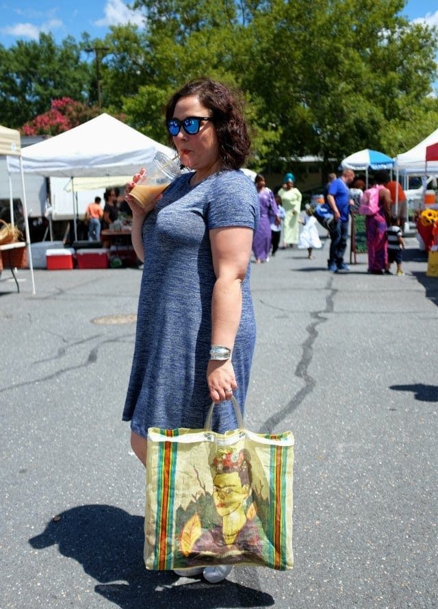 Wardrobe Oxygen in a Gap Softspun Knit dress, Adidas sneakers, Maui Jim Sweet Leilani sunglasses and a Frida Kahlo market bag