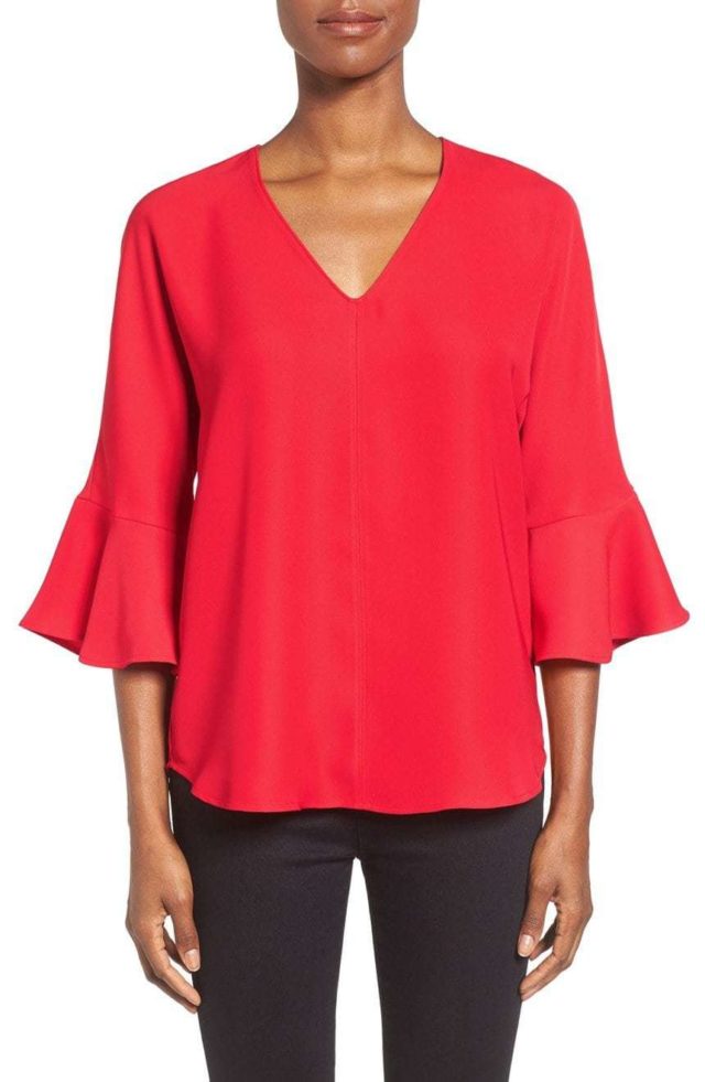 Pleione Bell Sleeve V-Neck Red Pepper