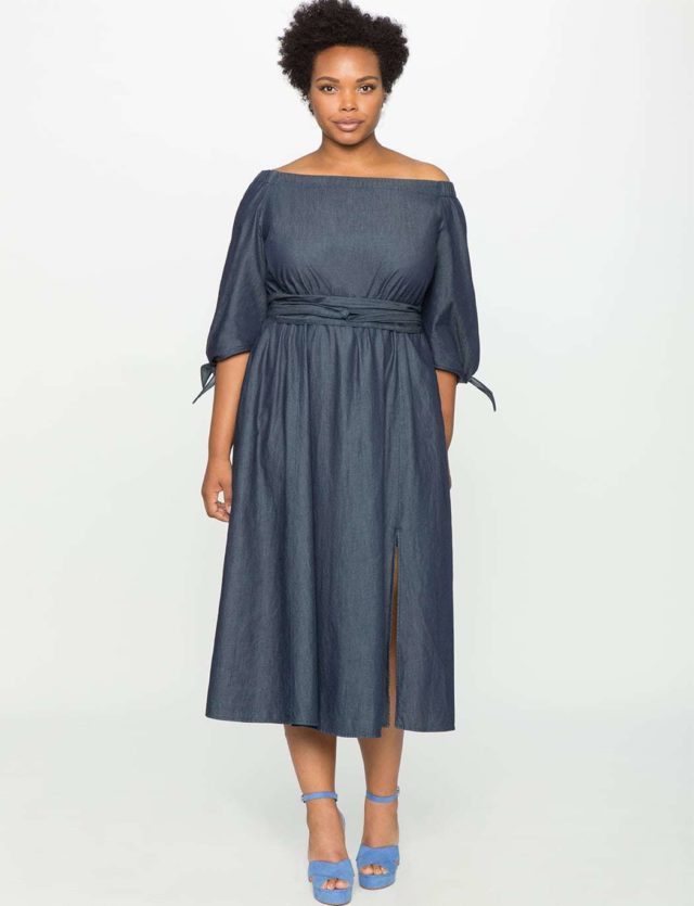 ELOQUII off the shoulder chambray dress