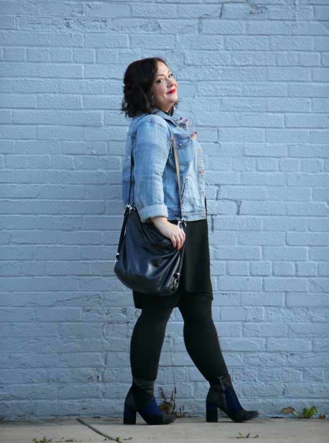 Alison Gary of Wardrobe Oxygen in an Eileen Fisher dress, J. Crew denim jacket, and 7 Dial Shoes patchwork ankle boots