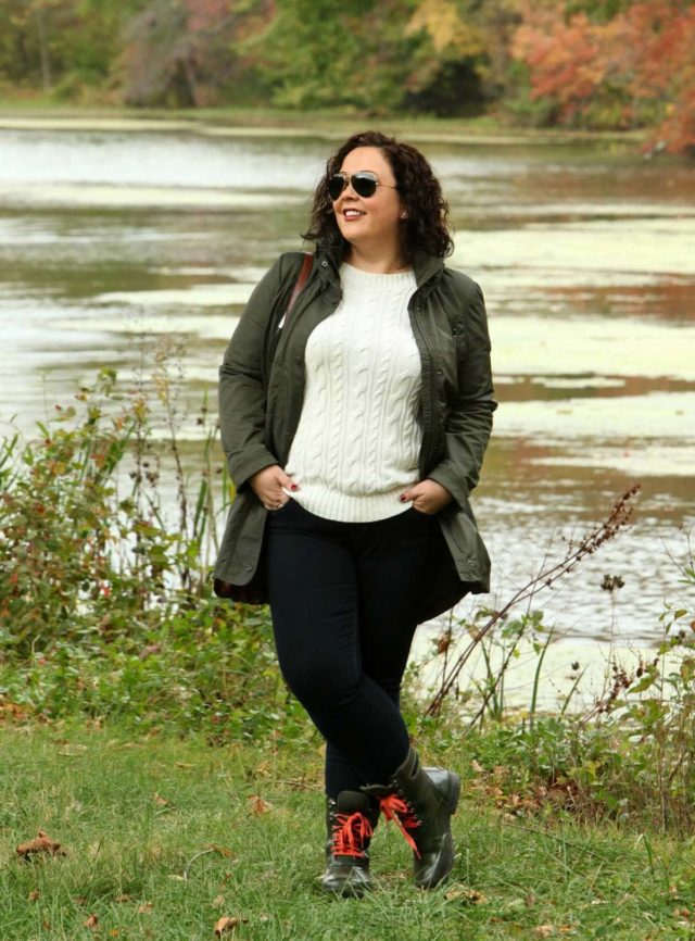 Alison Gary of Wardrobe Oxygen in a MICHAEL Michael Kors olive raincoat, JAG Jeans, and Bogs Sidney Boots