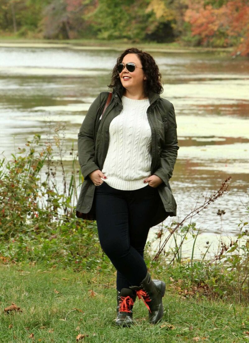 Alison Gary of Wardrobe Oxygen in a MICHAEL Michael Kors olive raincoat, JAG Jeans, and Bogs Sidney Boots