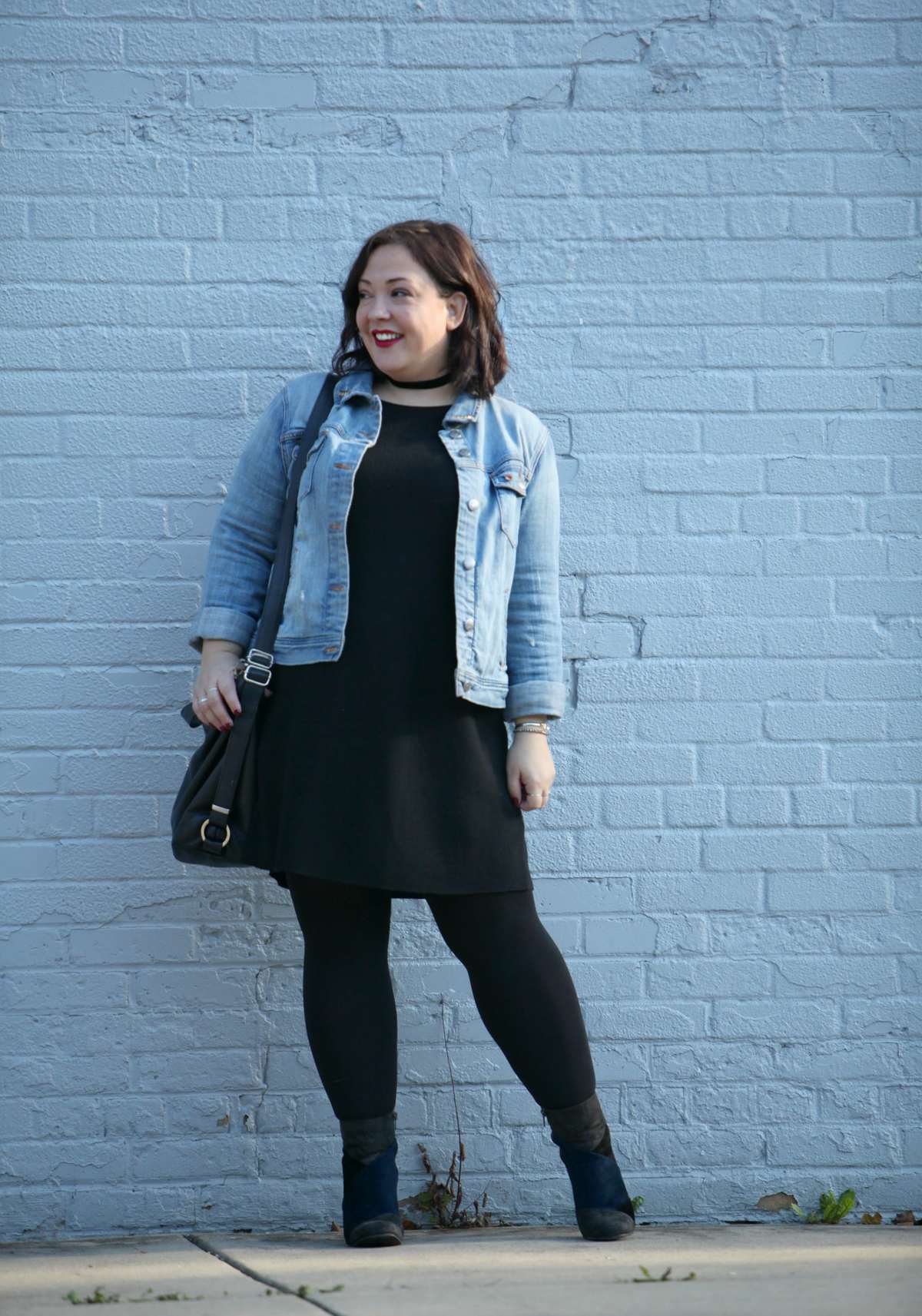 black dress + black tights + black boots + blazer