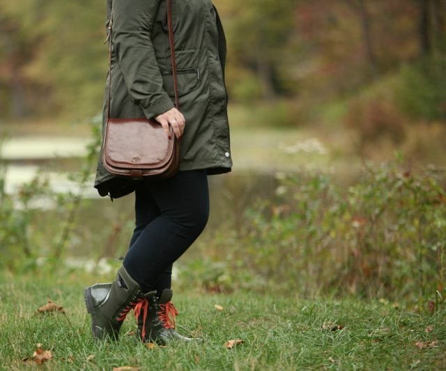 Alison Gary of Wardrobe Oxygen in a MICHAEL Michael Kors olive raincoat, JAG Jeans, and Bogs Sidney Boots