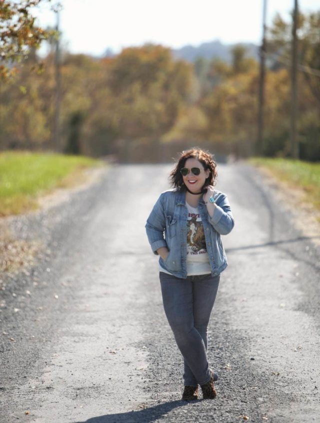 Wardrobe Oxygen in an Asheville, Paris of the South tee, Gap Jeans, and a denim jacket from J. Crew Factory