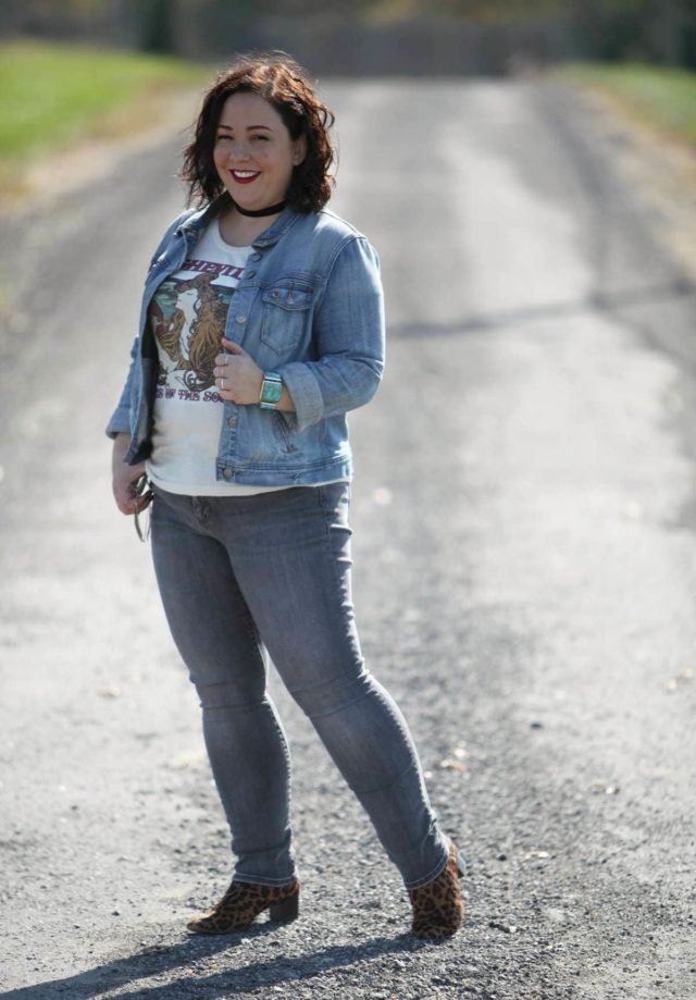 Wardrobe Oxygen in an Asheville, Paris of the South tee, Gap Jeans, and a denim jacket from J. Crew Factory