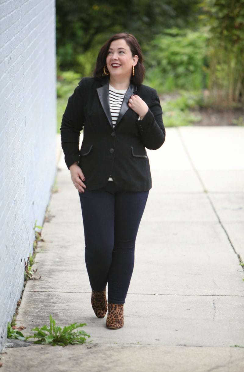 Wardrobe Oxygen, over 40 blogger in a Foxcroft blazer with leather trim, J. Crew Factory stripe sweater, and leopard calfhair ankle boots