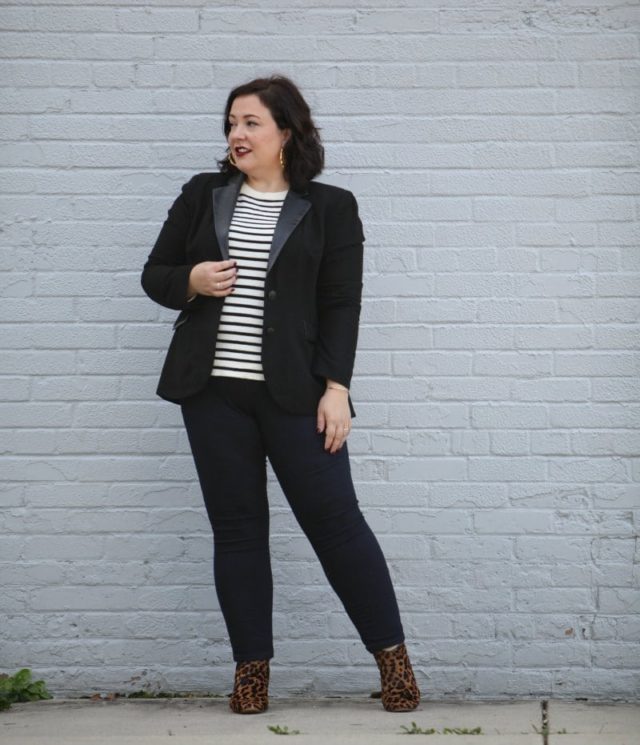 Wardrobe Oxygen, over 40 blogger in a Foxcroft blazer with leather trim, J. Crew Factory stripe sweater, and leopard calfhair ankle boots