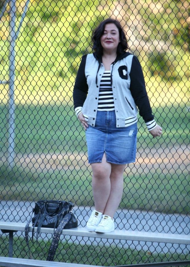 Wardrobe Oxygen, over 40 blogger in a City Chic varsity jacket via Gwynnie Bee and a Banana Republic denim skirt