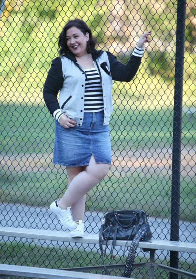 Wardrobe Oxygen, over 40 blogger in a City Chic varsity jacket via Gwynnie Bee and a Banana Republic denim skirt