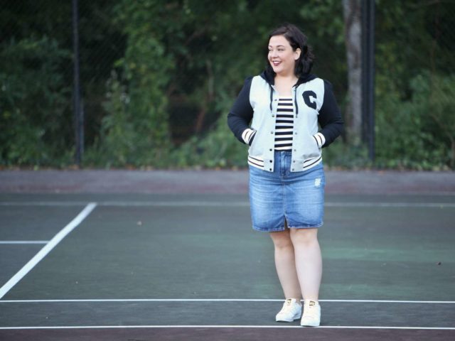 Wardrobe Oxygen, over 40 blogger in a City Chic varsity jacket via Gwynnie Bee and a Banana Republic denim skirt