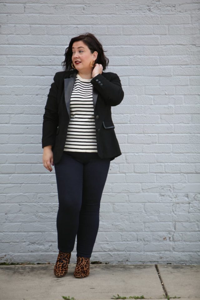 Wardrobe Oxygen, over 40 blogger in a Foxcroft blazer with leather trim, J. Crew Factory stripe sweater, and leopard calfhair ankle boots