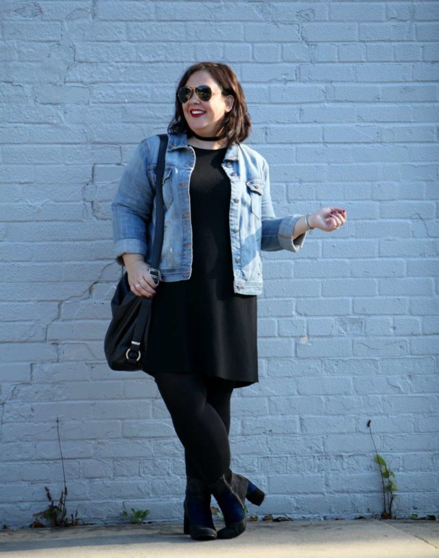 Alison Gary of Wardrobe Oxygen in an Eileen Fisher dress, J. Crew denim jacket, and 7 Dial Shoes patchwork ankle boots