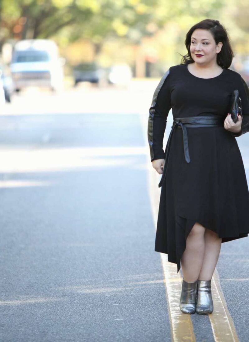 Wardrobe Oxygen, over 40 fashion blogger in Stella Carakasi leather and ponte dress