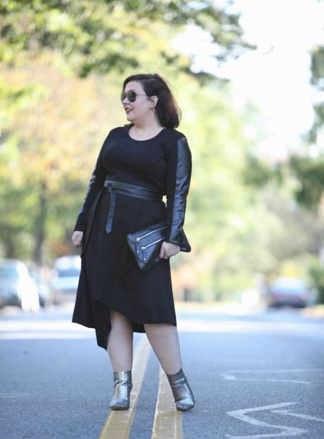 Wardrobe Oxygen, over 40 fashion blogger in Stella Carakasi leather and ponte dress