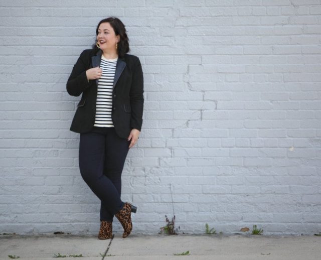 Wardrobe Oxygen, over 40 blogger in a Foxcroft blazer with leather trim, J. Crew Factory stripe sweater, and leopard calfhair ankle boots