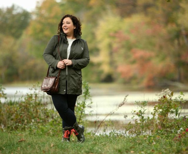 Alison Gary of Wardrobe Oxygen in a MICHAEL Michael Kors olive raincoat, JAG Jeans, and Bogs Sidney Boots