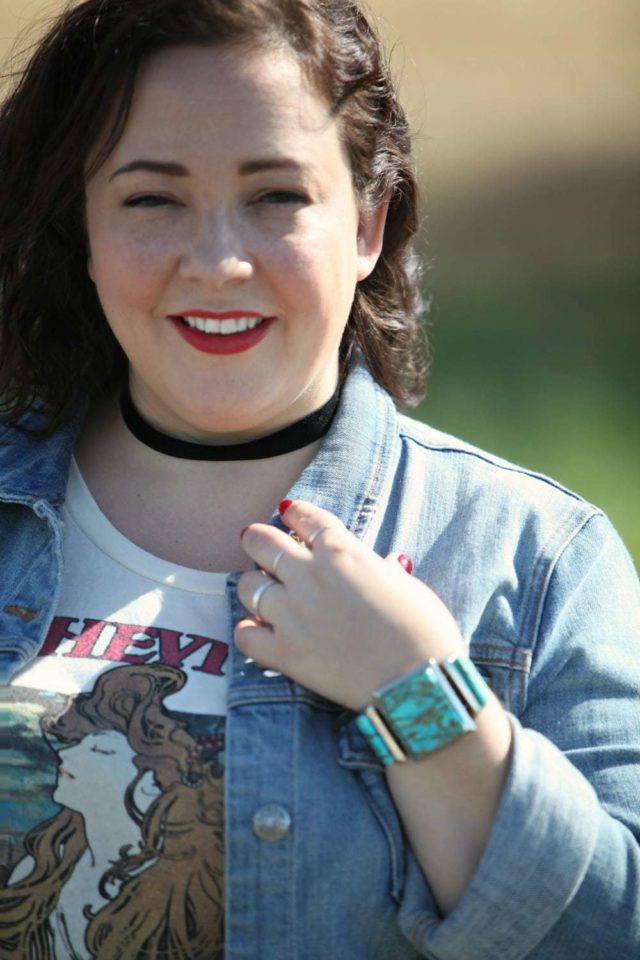 Wardrobe Oxygen in an Asheville, Paris of the South tee, Gap Jeans, and a denim jacket from J. Crew Factory