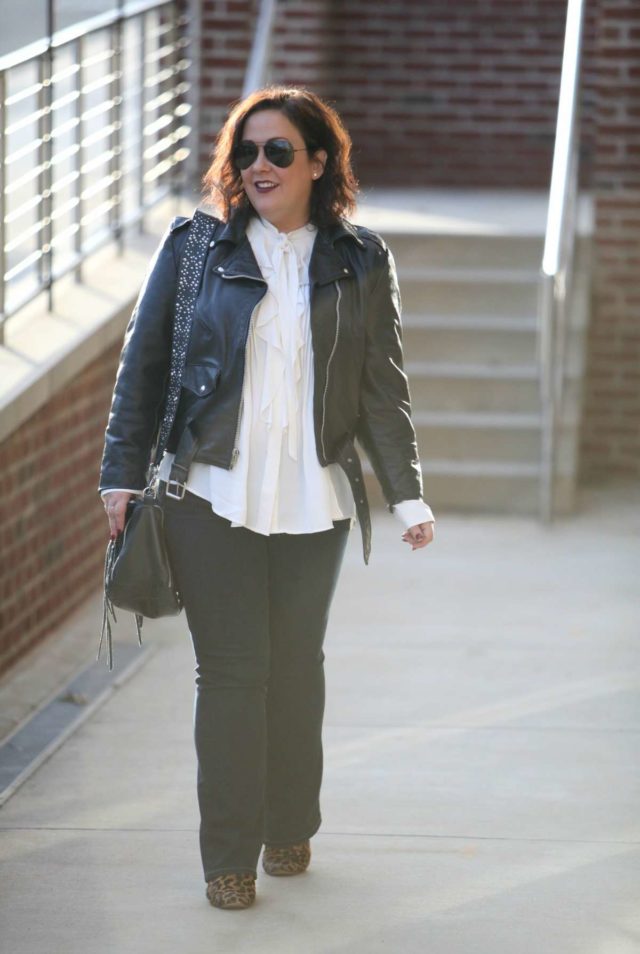 Wardrobe Oxygen, over 40 blogger in Ann Taylor blouse, JAG Jeans, Rebecca Minkoff moto bag and leopard calfhair ankle boots