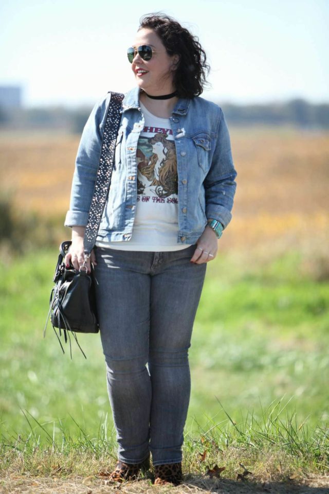 Wardrobe Oxygen in an Asheville, Paris of the South tee, Gap Jeans, and a denim jacket from J. Crew Factory