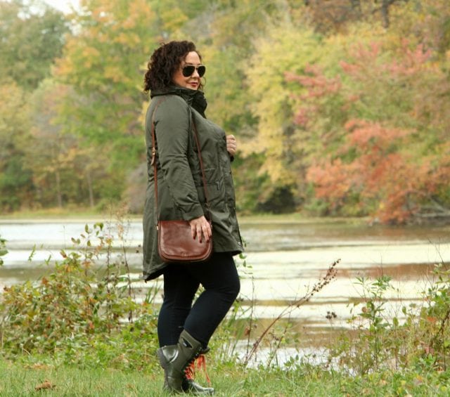 Alison Gary of Wardrobe Oxygen in a MICHAEL Michael Kors olive raincoat, JAG Jeans, and Bogs Sidney Boots