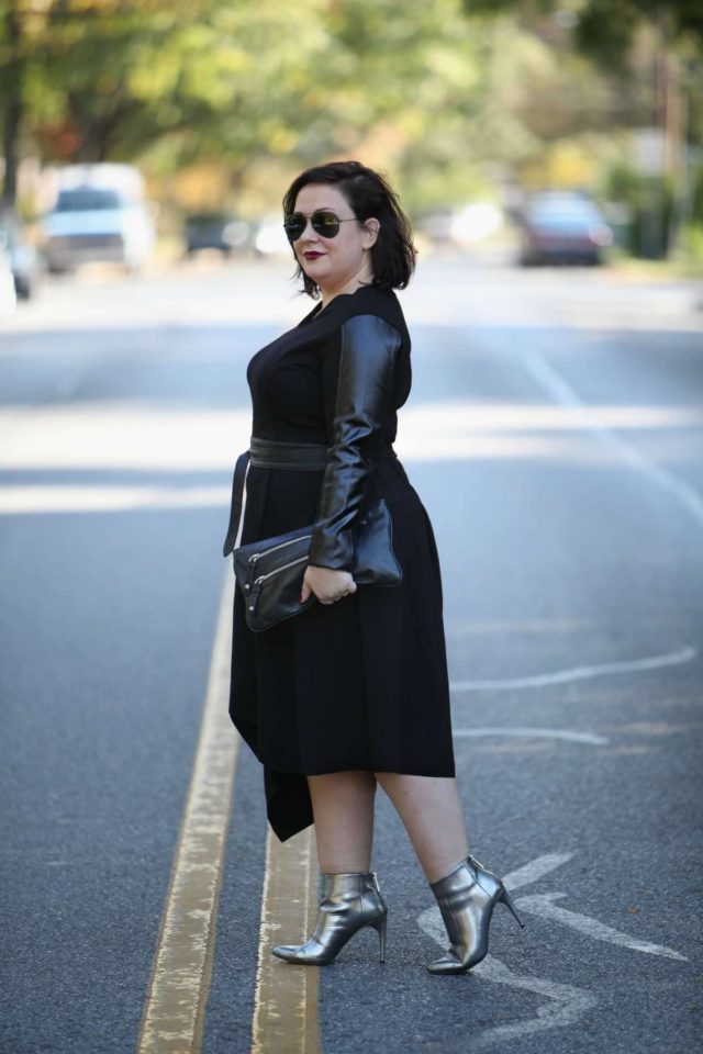 Wardrobe Oxygen, over 40 fashion blogger in Stella Carakasi leather and ponte dress