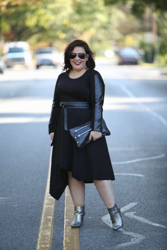 Wardrobe Oxygen, over 40 fashion blogger in Stella Carakasi leather and ponte dress