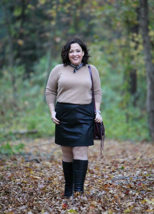Wardrobe Oxygen in a Halogen cashmere sweater, LOFT faux leather skirt, Ros Hommerson wide calf boots, and Rebecca Minkoff Vanity bag