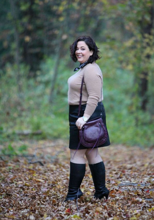 Wardrobe Oxygen in a Halogen cashmere sweater, LOFT faux leather skirt, Ros Hommerson wide calf boots, and Rebecca Minkoff Vanity bag