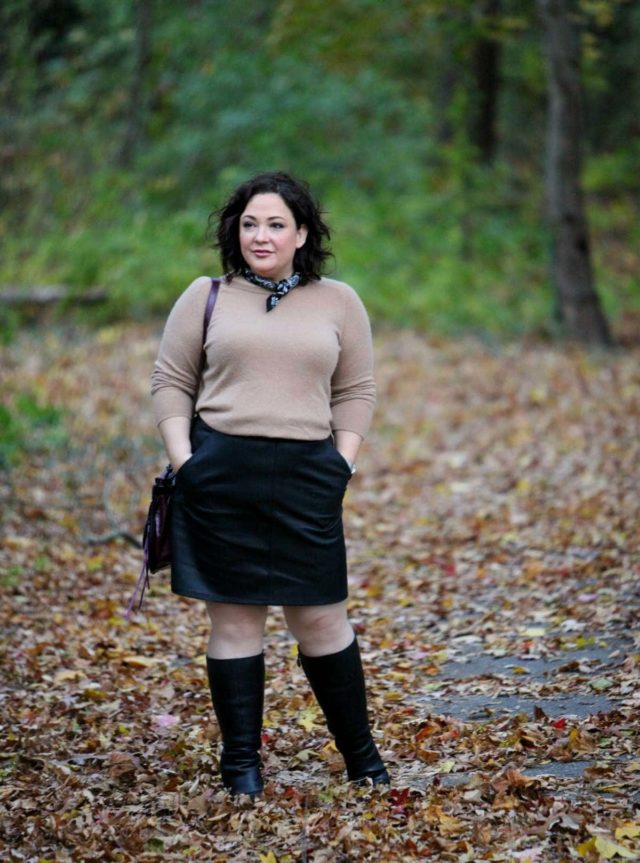 Wardrobe Oxygen in a Halogen cashmere sweater, LOFT faux leather skirt, Ros Hommerson wide calf boots, and Rebecca Minkoff Vanity bag