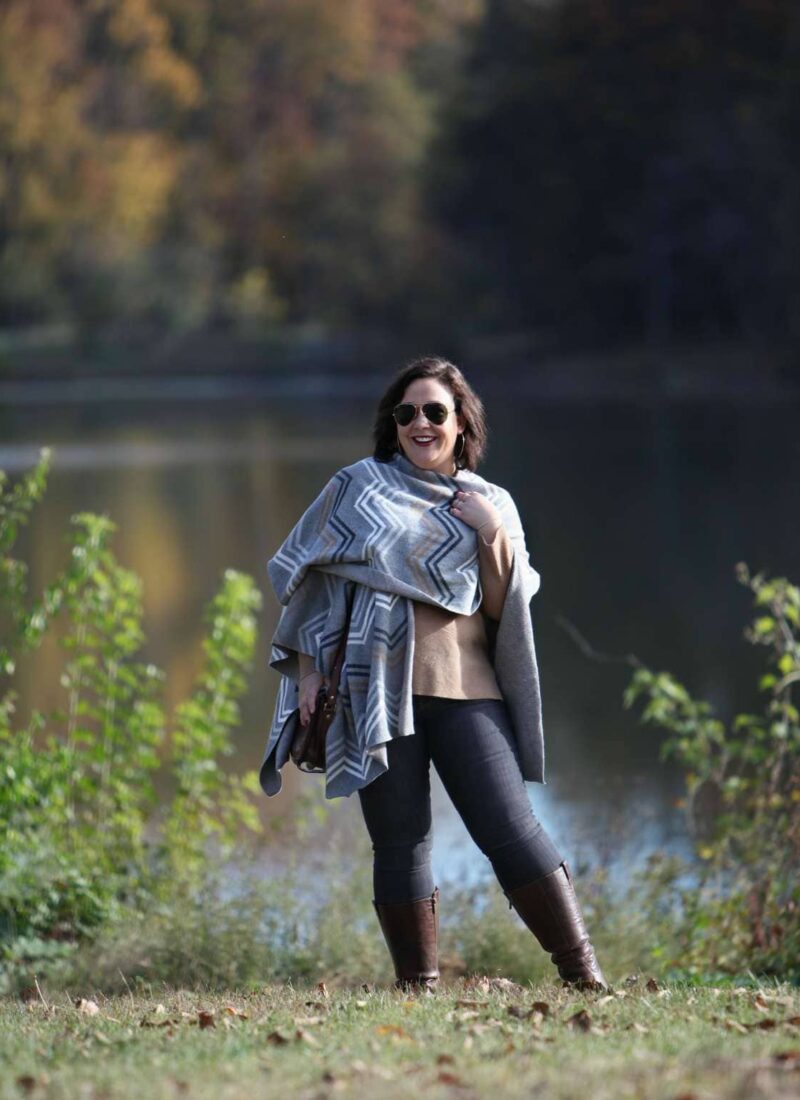 Wardrobe Oxygen in a Talbots ruana and JAG Jeans
