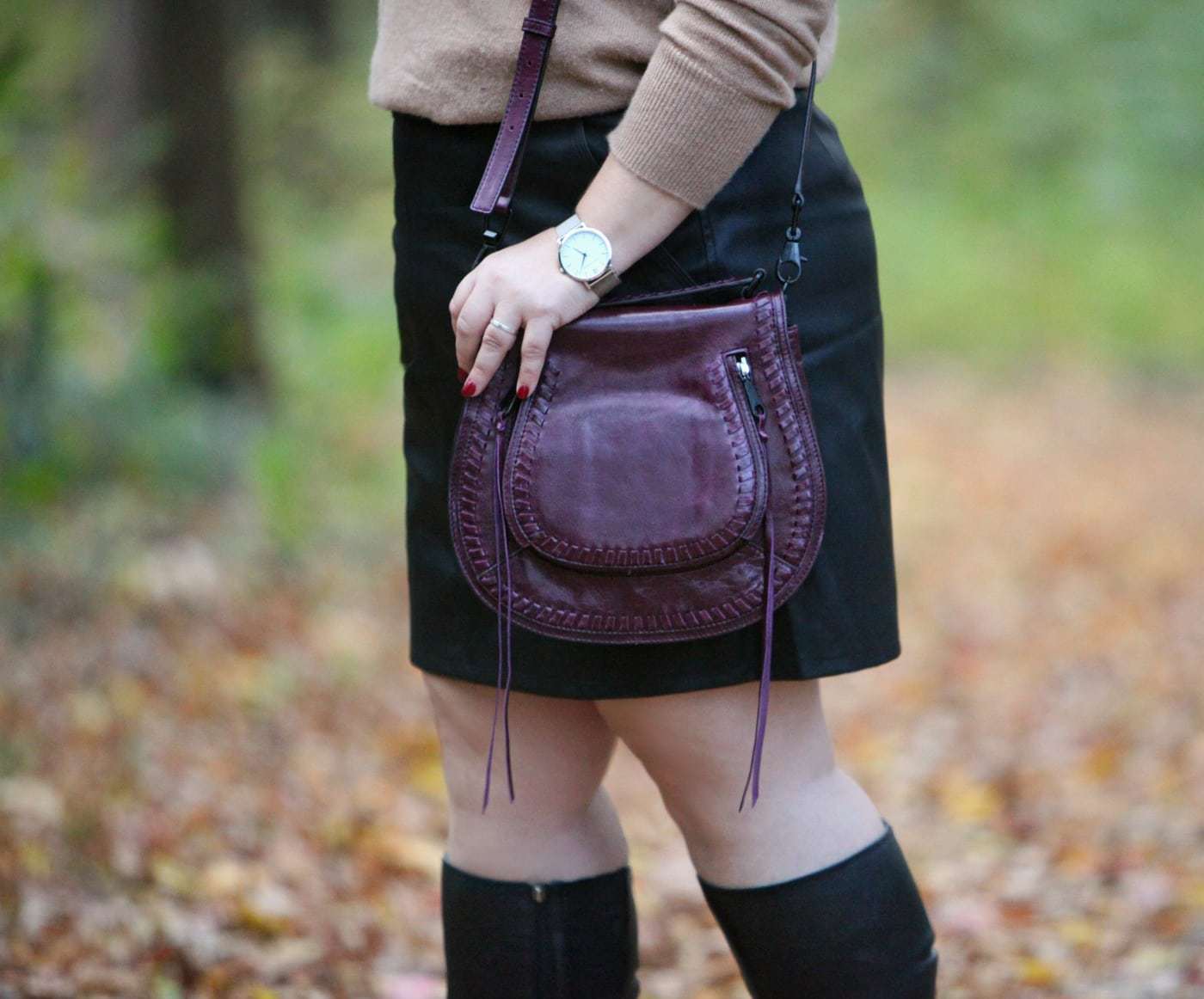 Wardrobe Oxygen in a Halogen cashmere sweater, LOFT faux leather skirt, Ros Hommerson wide calf boots, and Rebecca Minkoff Vanity bag