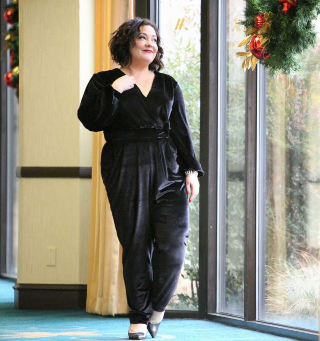 Wardrobe Oxygen in a black velvet jumpsuit from Seven7 Melissa McCarthy with Nine West Jackpot pumps