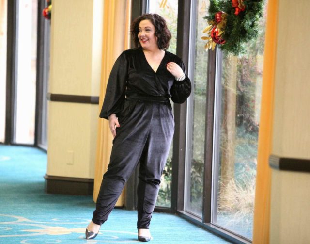 Wardrobe Oxygen in a black velvet jumpsuit from Seven7 Melissa McCarthy with Nine West Jackpot pumps