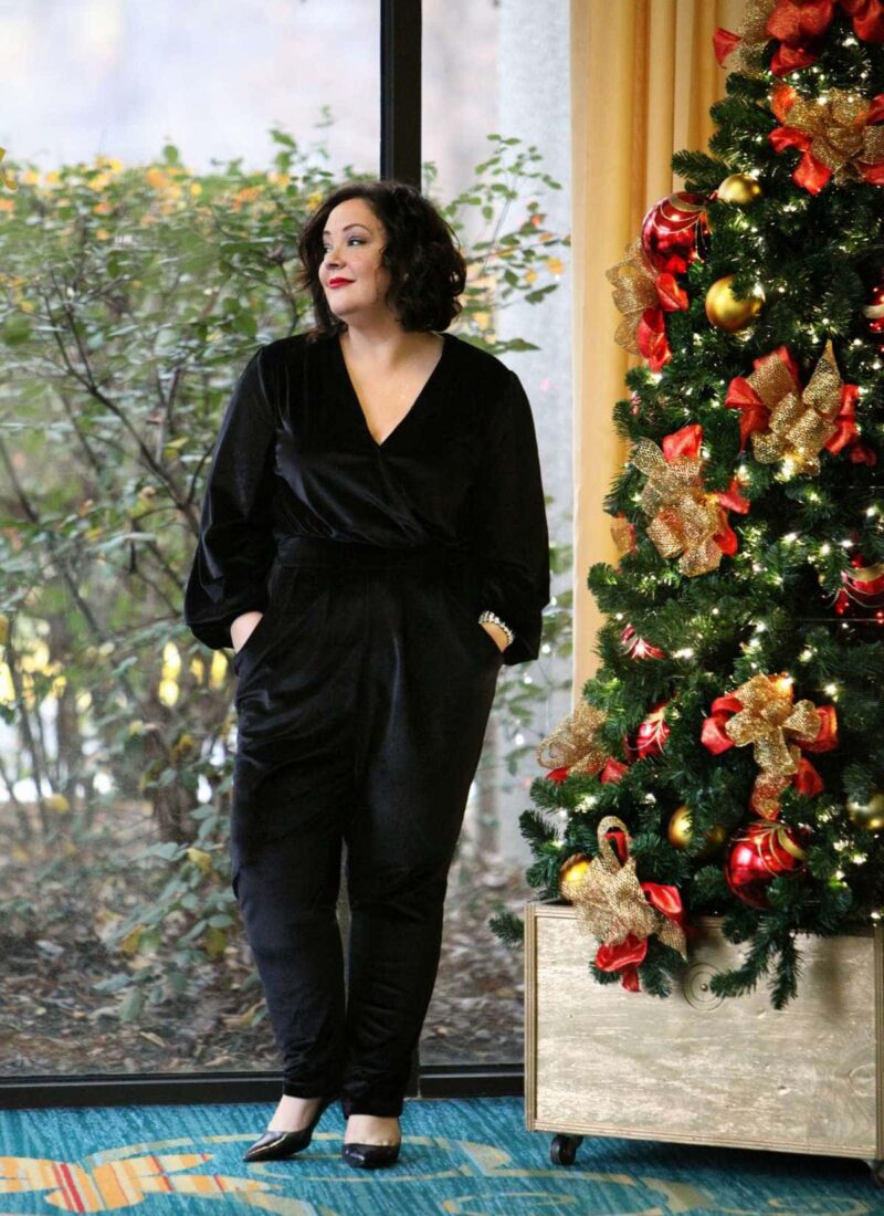 Wardrobe Oxygen in a black velvet jumpsuit from Seven7 Melissa McCarthy with Nine West Jackpot pumps What I Wore: Relax and Be Festive