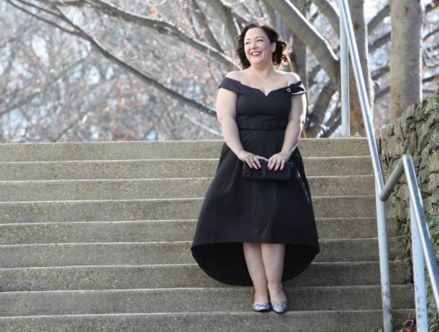 Wardrobe Oxygen in a vintage fur capelet, CityChic high-low evening dress and glitter pumps from J. Renee