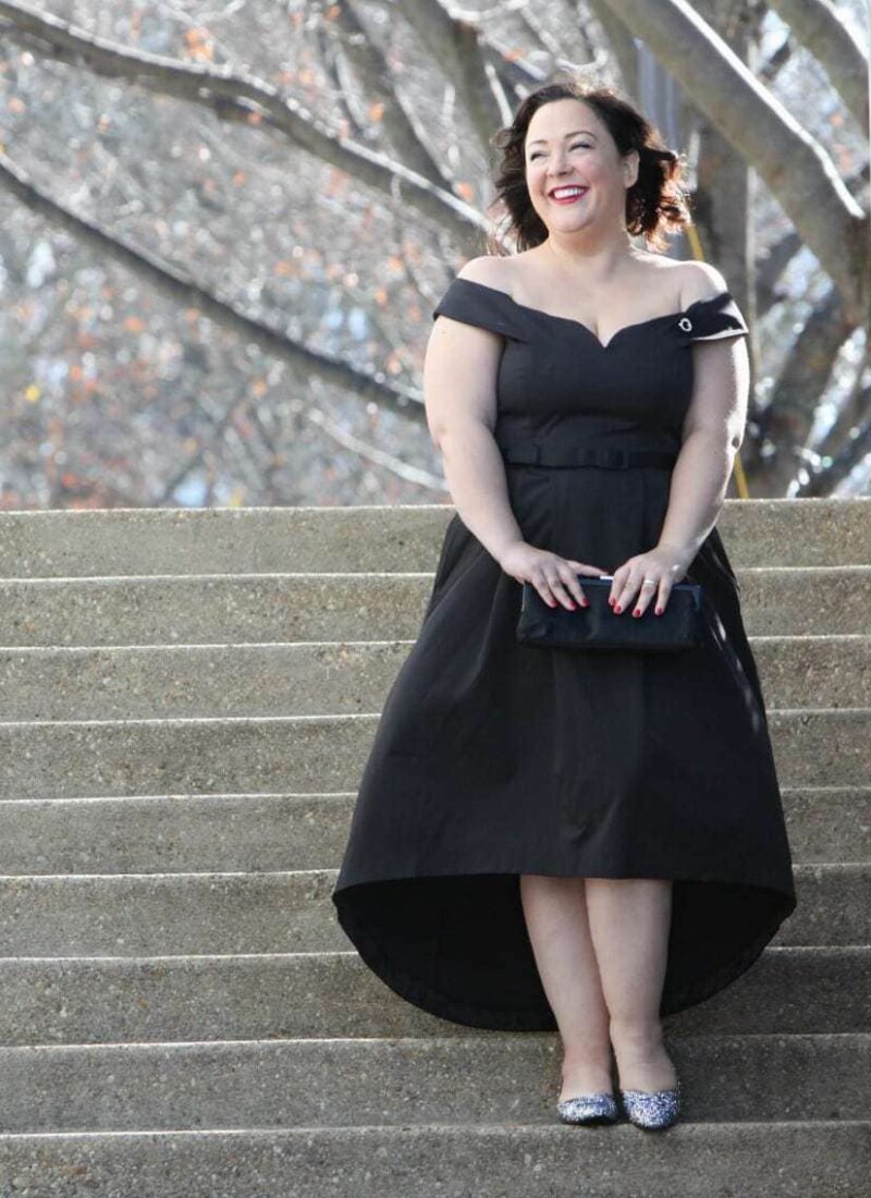 Wardrobe Oxygen in a vintage fur capelet, CityChic high-low evening dress and glitter pumps from J. Renee What I Wore: Now We Don Our Gay Apparel