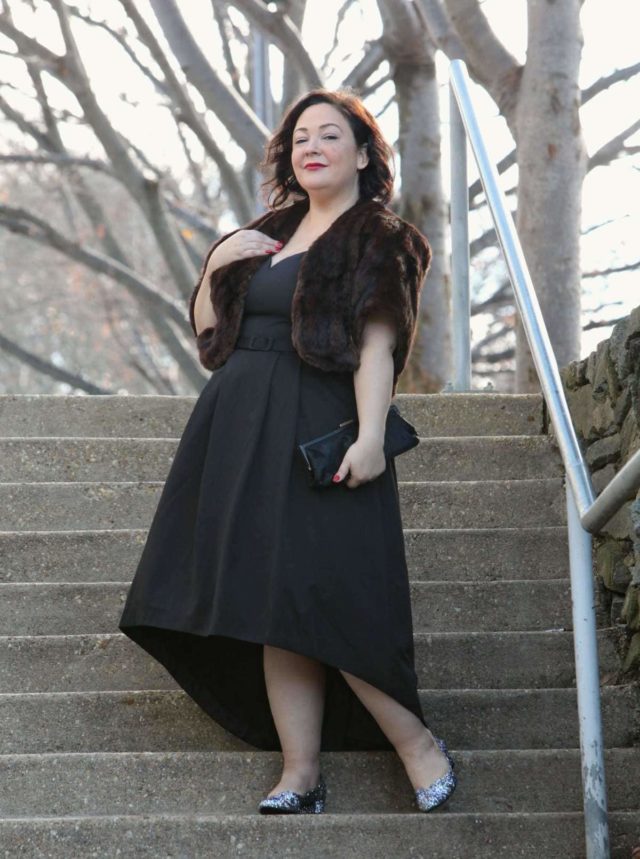 Wardrobe Oxygen in a vintage fur capelet, CityChic high-low evening dress and glitter pumps from J. Renee