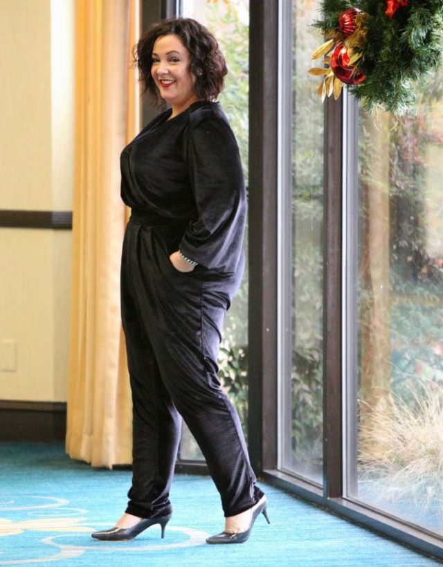 Wardrobe Oxygen in a black velvet jumpsuit from Seven7 Melissa McCarthy with Nine West Jackpot pumps