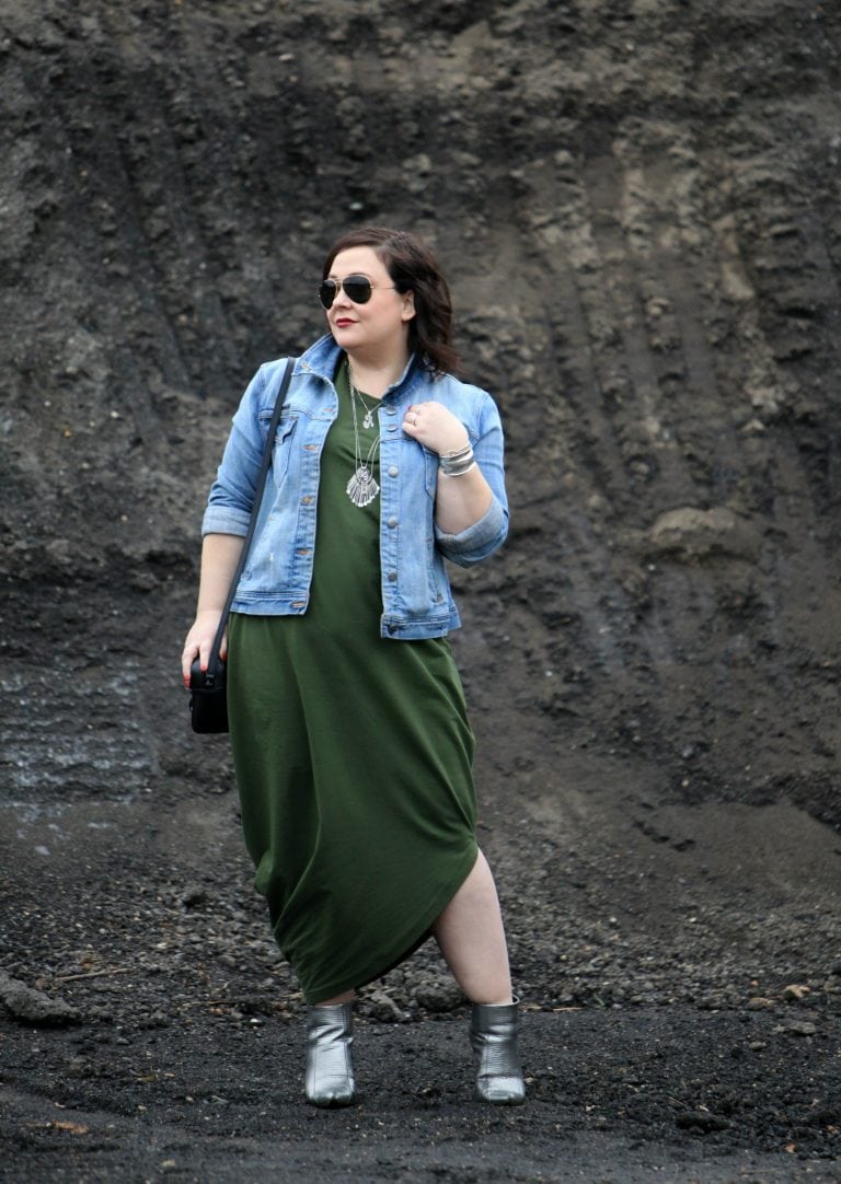Wardrobe Oxygen, over 40 fashion blogger in a Universal Standard Geneva dress with a J. Crew Factory denim jacket and silver snakeskin booties